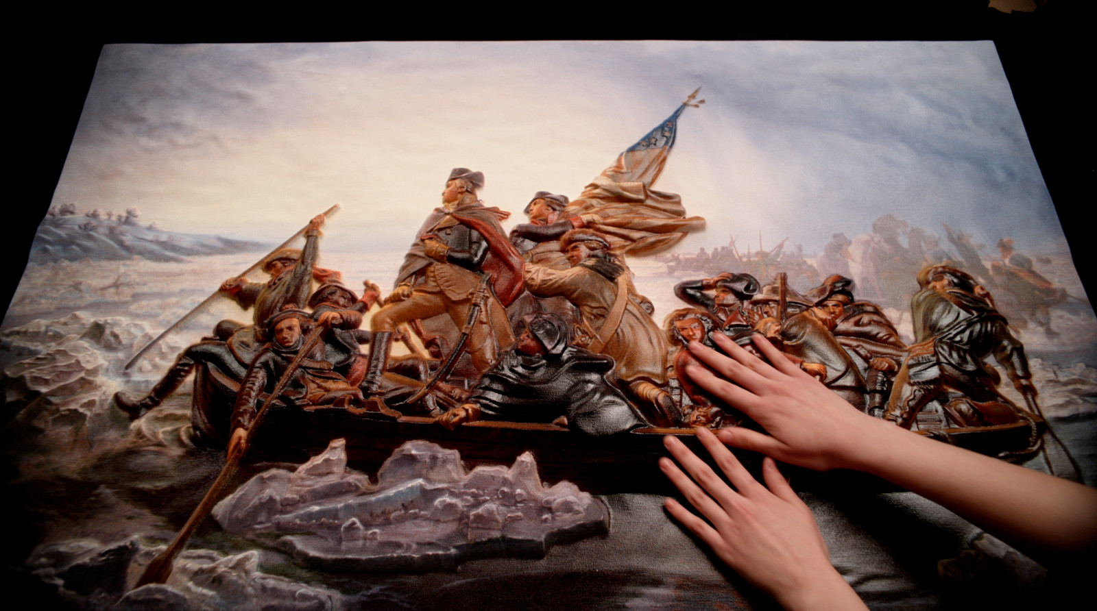 Washington crossing the Delaware with hands touching painting
