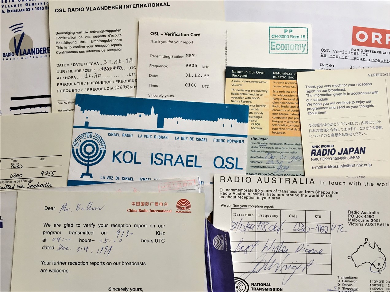 Shortwave radio verification postcards from Israel, Australia and other countries